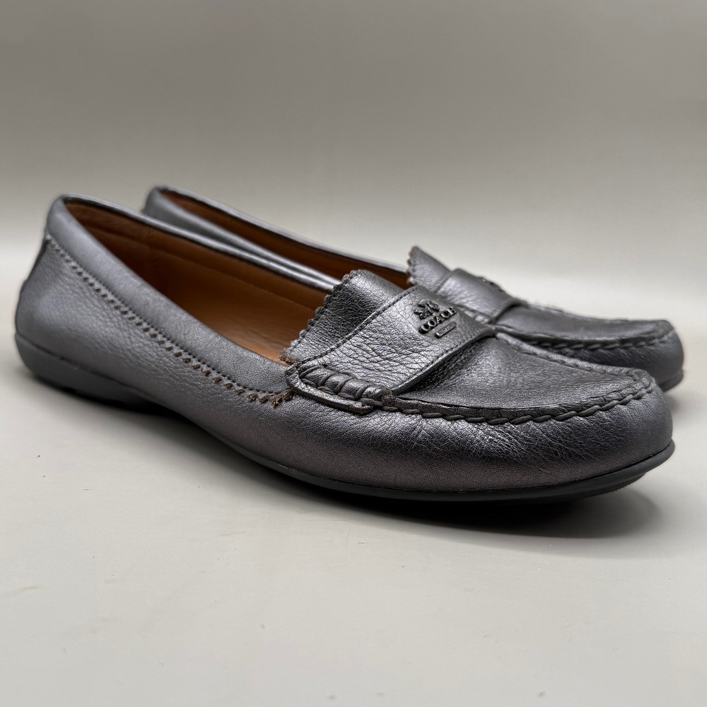 Coach Odette Loafers Womens 8B Metallic Pebbled Leather Gunmetal Silver